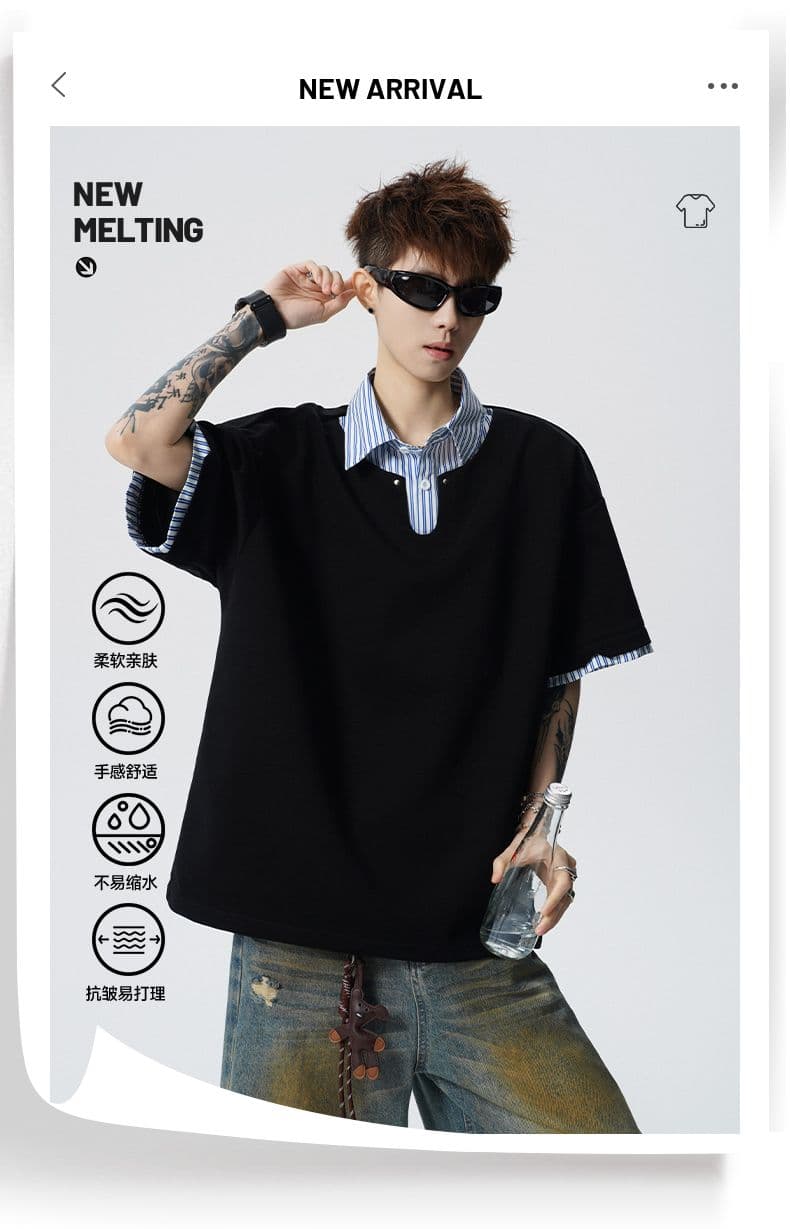 여름 새로운 반팔 POLO 셔츠 남자 남자 바 면 V넥 페이크 레이어드 반팔 블루 흰색 스트립 셔츠 칼라 무거운 루즈핏 t 상세 이미지 1