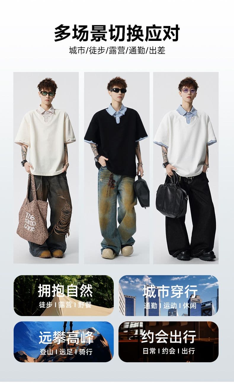 여름 새로운 반팔 POLO 셔츠 남자 남자 바 면 V넥 페이크 레이어드 반팔 블루 흰색 스트립 셔츠 칼라 무거운 루즈핏 t 상세 이미지 7