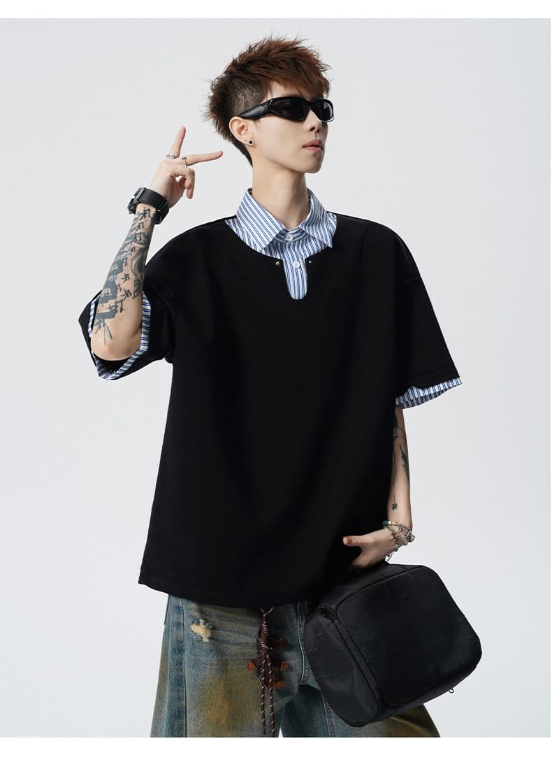여름 새로운 반팔 POLO 셔츠 남자 남자 바 면 V넥 페이크 레이어드 반팔 블루 흰색 스트립 셔츠 칼라 무거운 루즈핏 t 상세 이미지 14