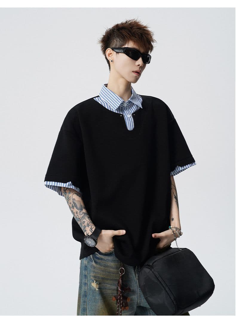 여름 새로운 반팔 POLO 셔츠 남자 남자 바 면 V넥 페이크 레이어드 반팔 블루 흰색 스트립 셔츠 칼라 무거운 루즈핏 t 상세 이미지 15