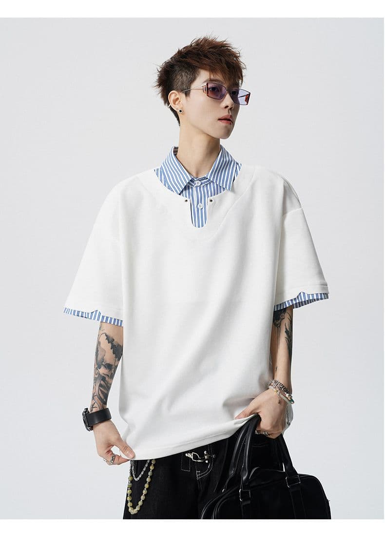 여름 새로운 반팔 POLO 셔츠 남자 남자 바 면 V넥 페이크 레이어드 반팔 블루 흰색 스트립 셔츠 칼라 무거운 루즈핏 t 상세 이미지 18