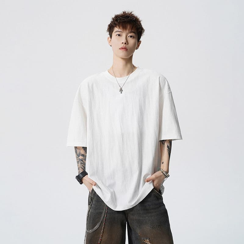 실사 2026 여름 새로운 반팔 티셔츠 남자 자카드 230g 루즈핏 다용도 단색 조수 브랜드 악당 잘 생긴 티셔츠 이미지 4