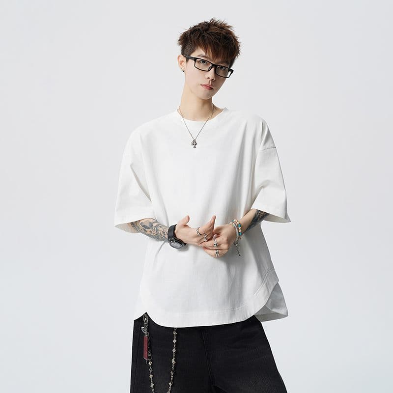 여름 새로운 조수 브랜드 밑단 불규칙 디자인 반팔 티셔츠 남자 무거운 루즈핏 트렌드 패션 잘 생긴 반팔 이미지 2