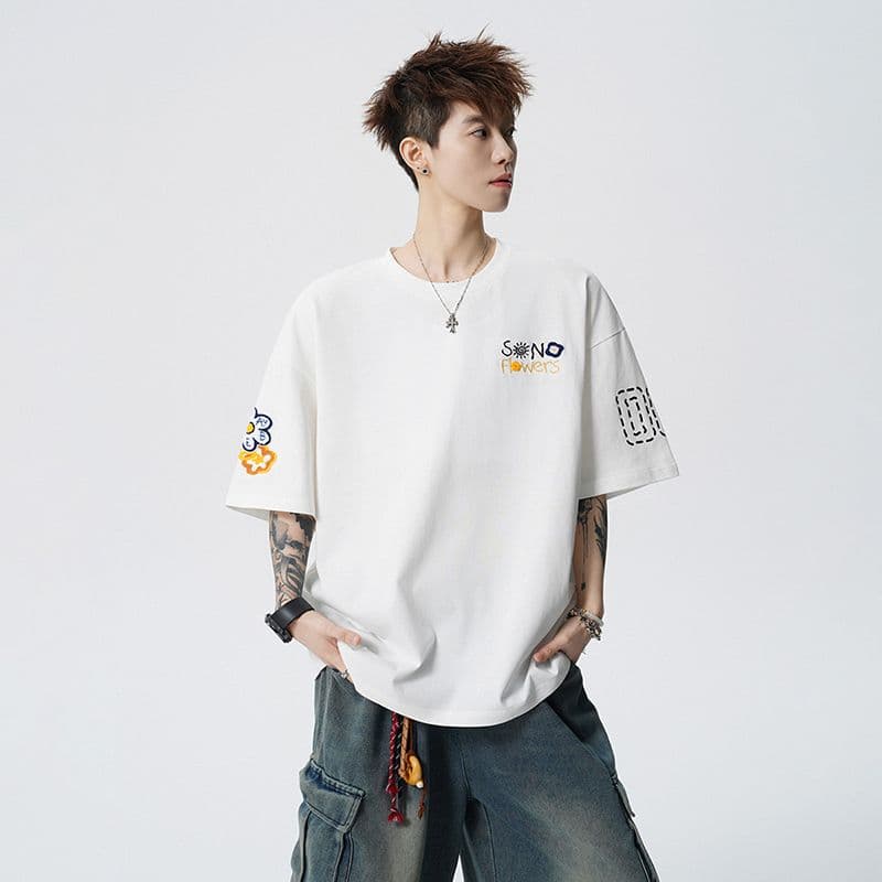 실사 2026 여름 새로운 반팔 티셔츠 남자 면 방직 라운드 넥 프린트 작은 청신 루즈핏 패션 잘 생긴 반팔 t