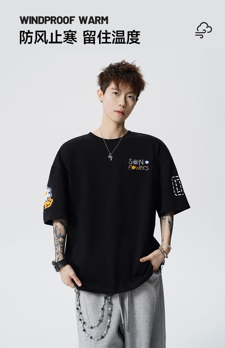 실사 2026 여름 새로운 반팔 티셔츠 남자 면 방직 라운드 넥 프린트 작은 청신 루즈핏 패션 잘 생긴 반팔 t 상세 이미지 6