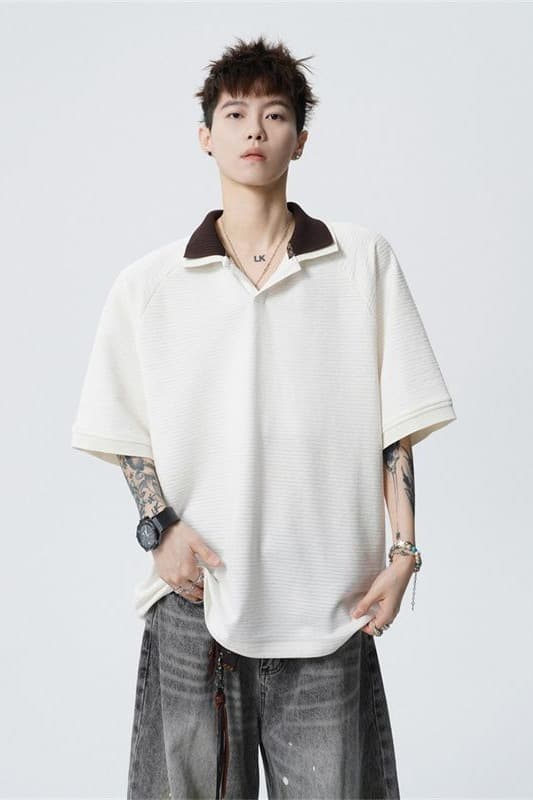 실사 여름 새로운 polo 반팔 티셔츠 율동 그리드 원단 210gv 칼라 트렌드 편안함 루즈핏 배색 패치워크 이미지 6