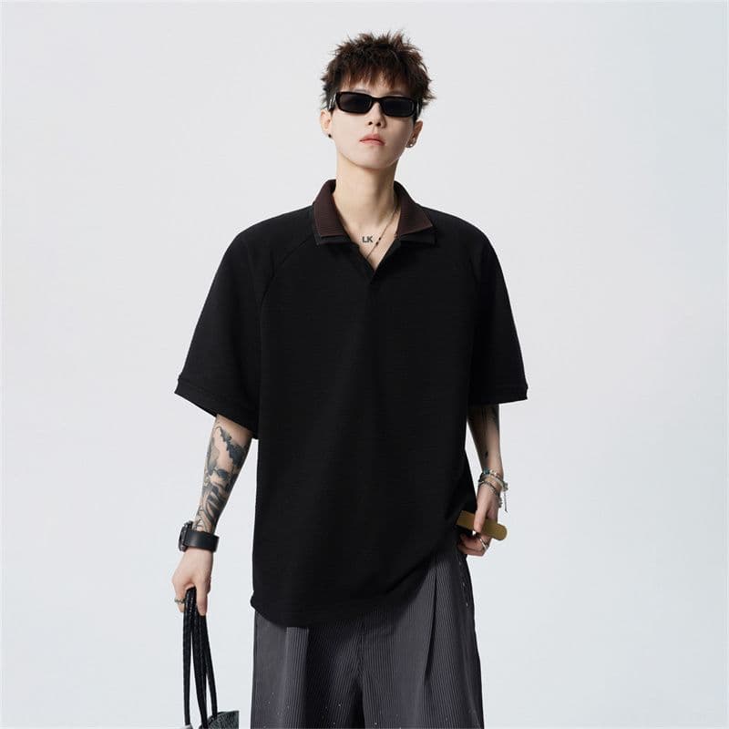 실사 여름 새로운 polo 반팔 티셔츠 율동 그리드 원단 210gv 칼라 트렌드 편안함 루즈핏 배색 패치워크 이미지 2