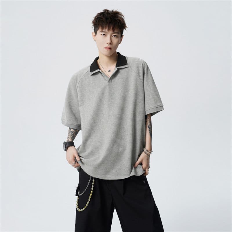 실사 여름 새로운 polo 반팔 티셔츠 율동 그리드 원단 210gv 칼라 트렌드 편안함 루즈핏 배색 패치워크 이미지 4