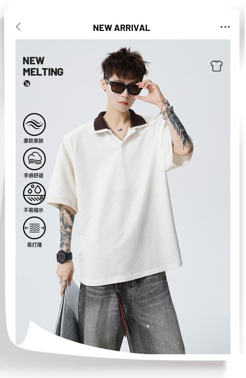 실사 여름 새로운 polo 반팔 티셔츠 율동 그리드 원단 210gv 칼라 트렌드 편안함 루즈핏 배색 패치워크 상세 이미지 1