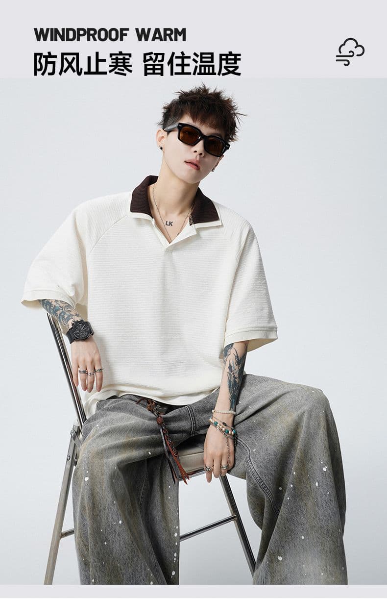 실사 여름 새로운 polo 반팔 티셔츠 율동 그리드 원단 210gv 칼라 트렌드 편안함 루즈핏 배색 패치워크 상세 이미지 6