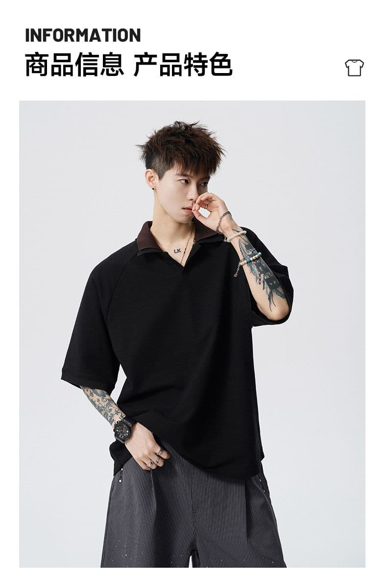 실사 여름 새로운 polo 반팔 티셔츠 율동 그리드 원단 210gv 칼라 트렌드 편안함 루즈핏 배색 패치워크 상세 이미지 8