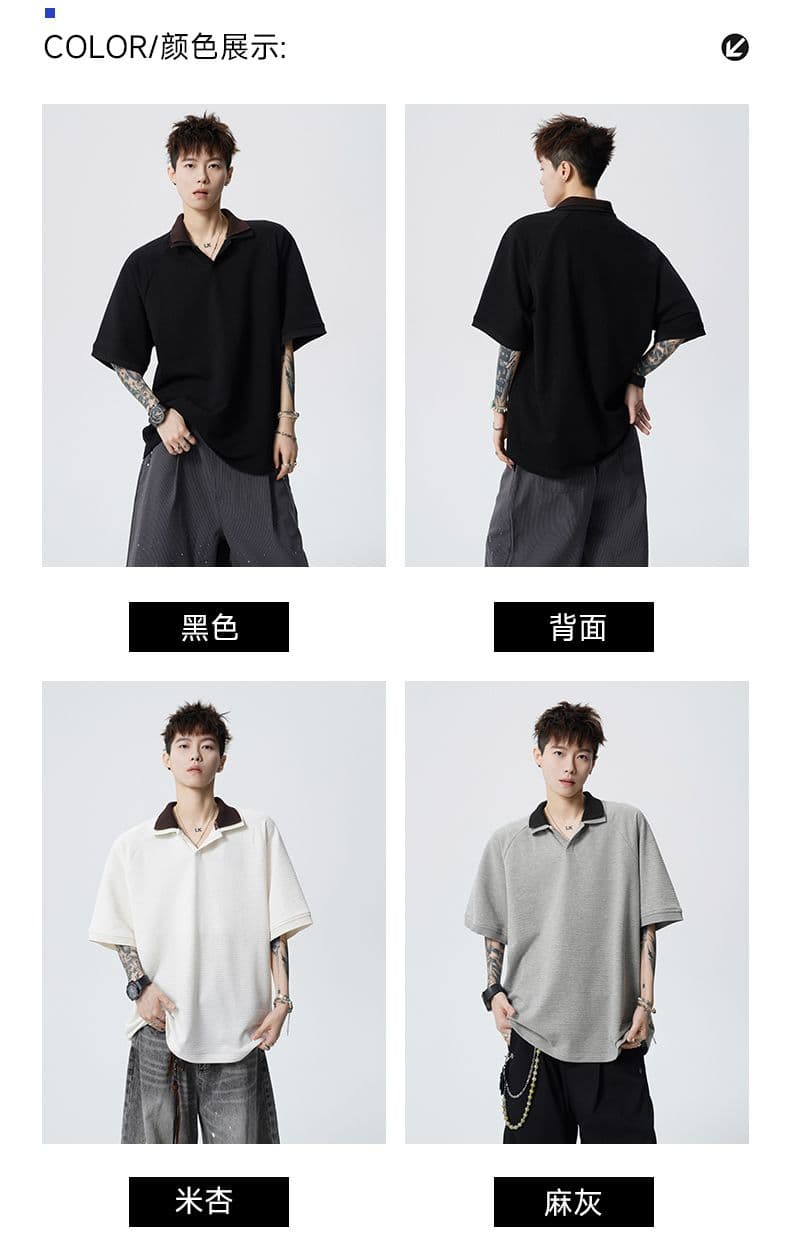 실사 여름 새로운 polo 반팔 티셔츠 율동 그리드 원단 210gv 칼라 트렌드 편안함 루즈핏 배색 패치워크 상세 이미지 10