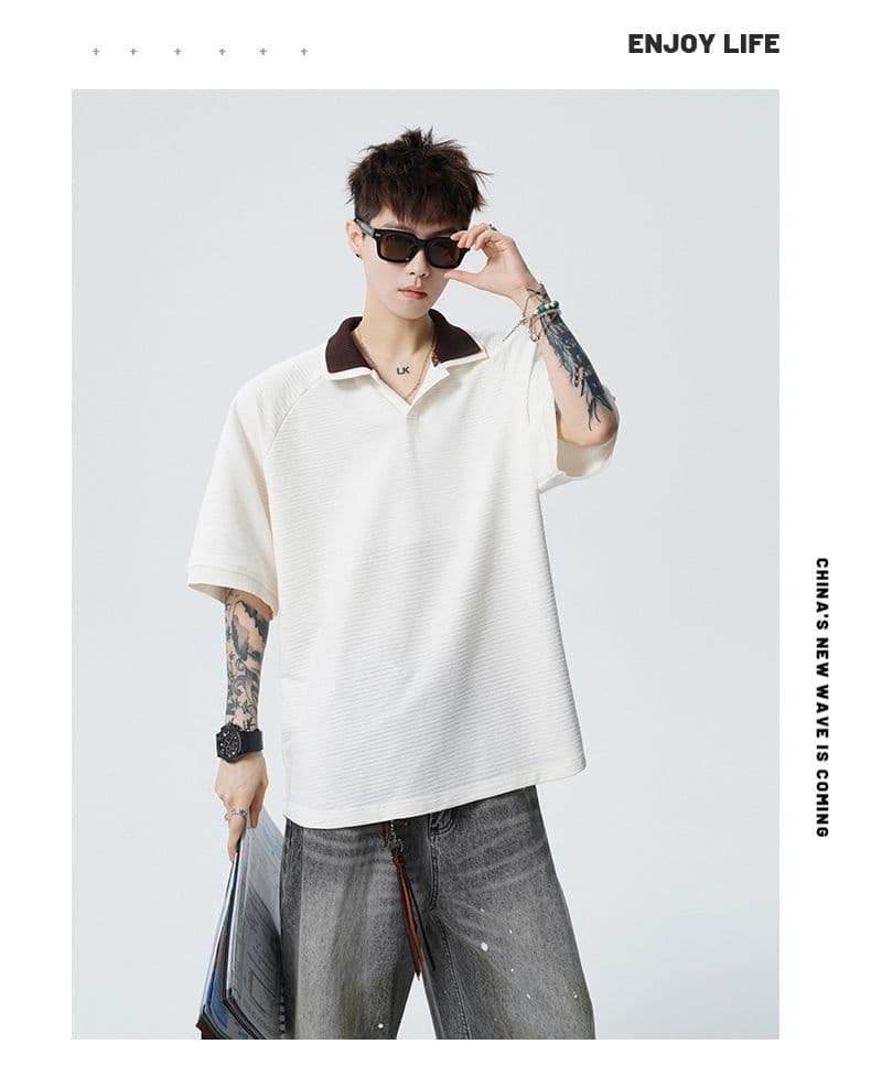 실사 여름 새로운 polo 반팔 티셔츠 율동 그리드 원단 210gv 칼라 트렌드 편안함 루즈핏 배색 패치워크 상세 이미지 13