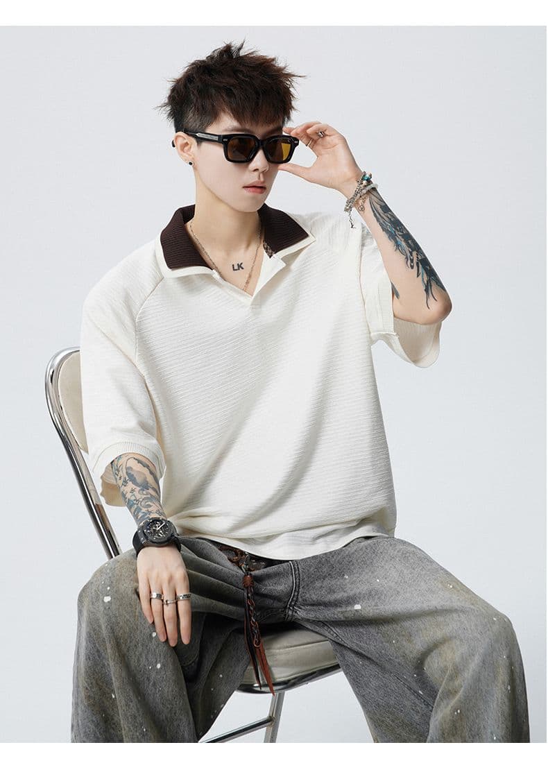 실사 여름 새로운 polo 반팔 티셔츠 율동 그리드 원단 210gv 칼라 트렌드 편안함 루즈핏 배색 패치워크 상세 이미지 15