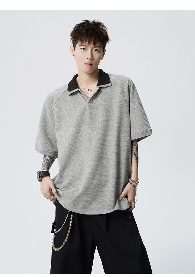 실사 여름 새로운 polo 반팔 티셔츠 율동 그리드 원단 210gv 칼라 트렌드 편안함 루즈핏 배색 패치워크 상세 이미지 16