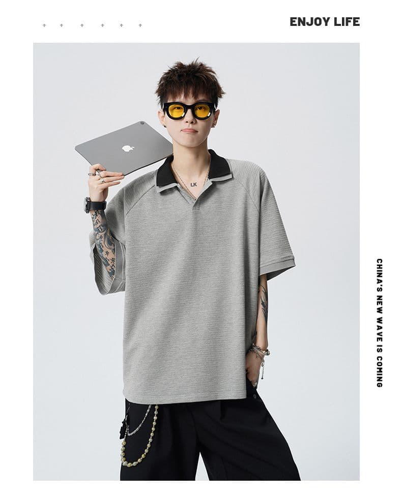 실사 여름 새로운 polo 반팔 티셔츠 율동 그리드 원단 210gv 칼라 트렌드 편안함 루즈핏 배색 패치워크 상세 이미지 17