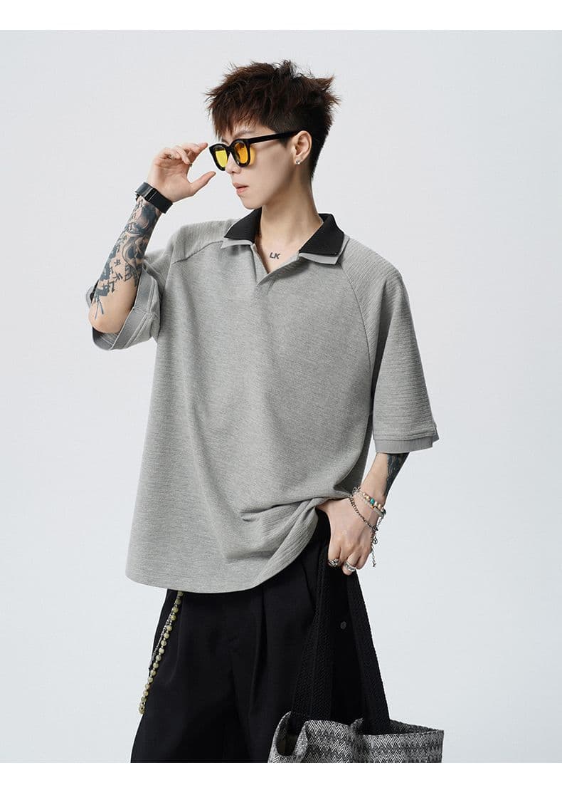 실사 여름 새로운 polo 반팔 티셔츠 율동 그리드 원단 210gv 칼라 트렌드 편안함 루즈핏 배색 패치워크 상세 이미지 18