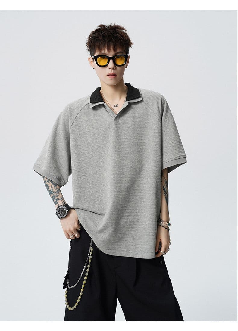 실사 여름 새로운 polo 반팔 티셔츠 율동 그리드 원단 210gv 칼라 트렌드 편안함 루즈핏 배색 패치워크 상세 이미지 19