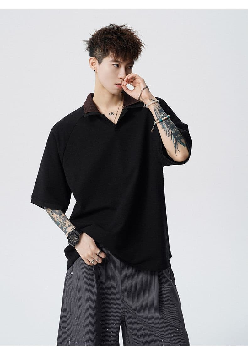 실사 여름 새로운 polo 반팔 티셔츠 율동 그리드 원단 210gv 칼라 트렌드 편안함 루즈핏 배색 패치워크 상세 이미지 20