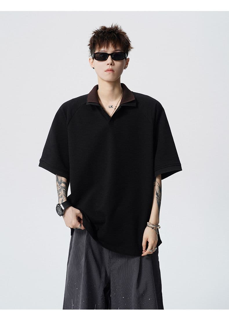 실사 여름 새로운 polo 반팔 티셔츠 율동 그리드 원단 210gv 칼라 트렌드 편안함 루즈핏 배색 패치워크 상세 이미지 22