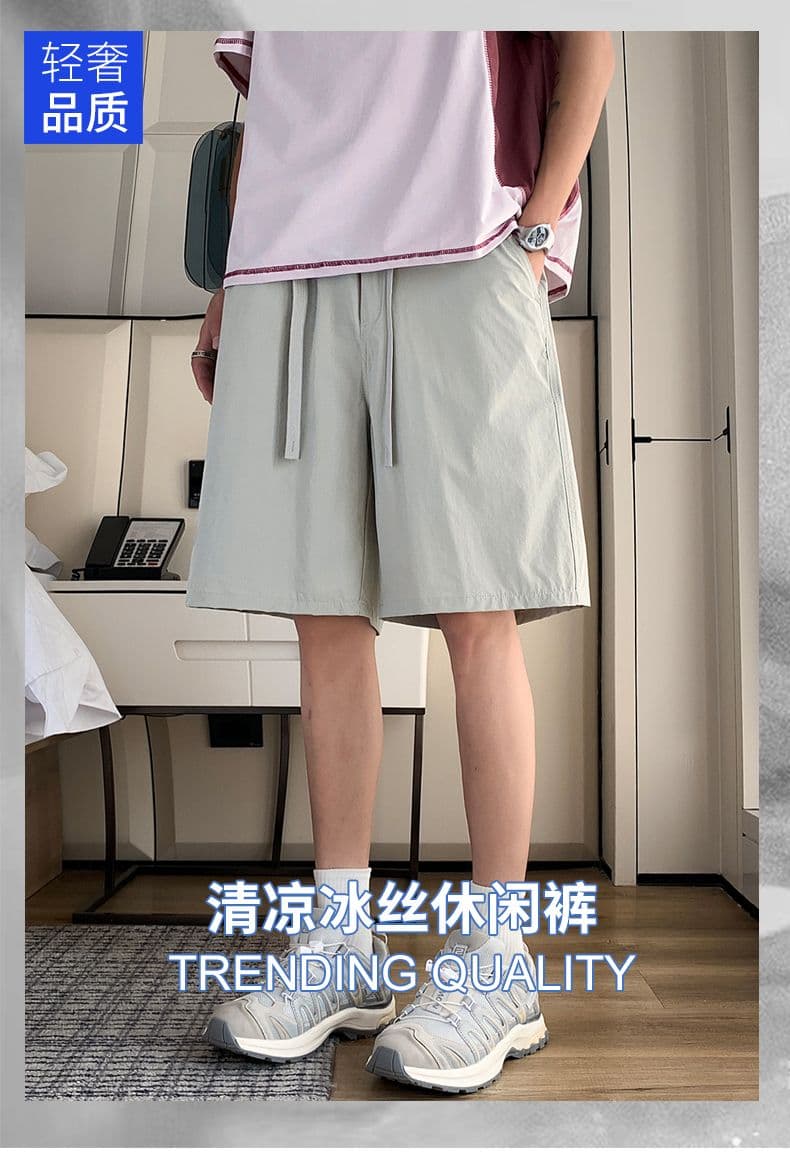 실사 여름 얼음 차가운 통기성 브로케이드 암모니아 원단 얇은 스타일 반바지 스트레이트 루즈핏 남성 얼음 실크 넓은 다리 오부 바지 상세 이미지 1