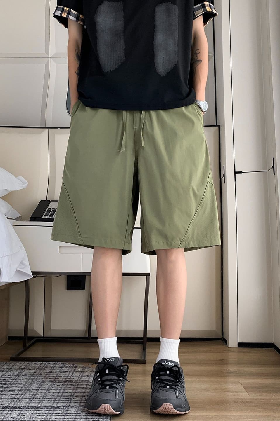 실사 여름 새로운 펀칭 반바지 남자 외출용 운동 캐주얼 바지 패치워크 루즈핏 속도 건조한 오부 바지 남자 이미지 6