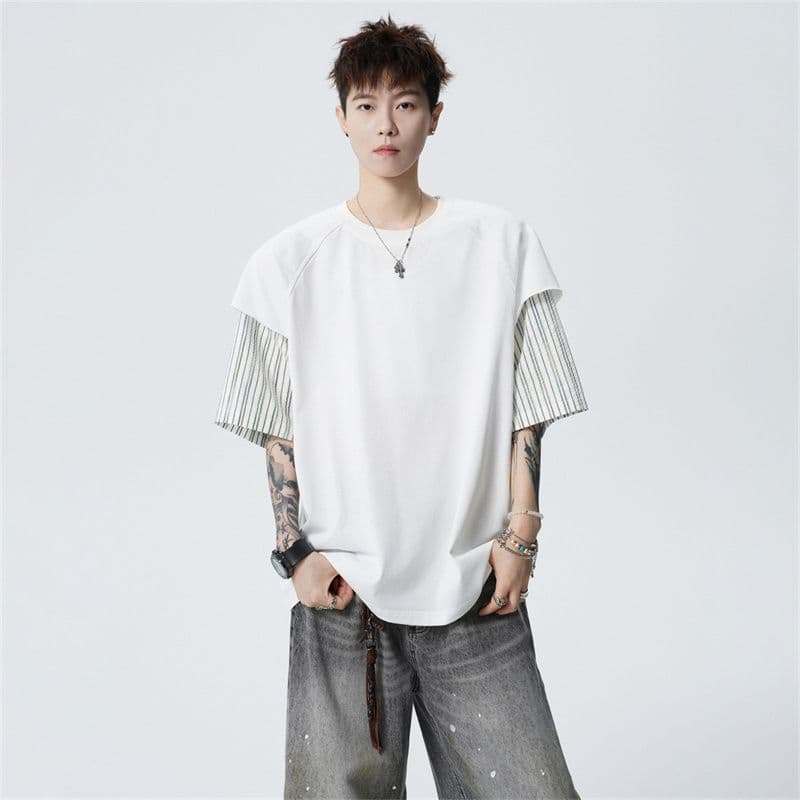 실사 여름 새로운 조수 브랜드 페이크 레이어드 반팔 티셔츠 남자 레트로 패치워크 다용도 루즈핏 트렌드 반팔 티셔츠 이미지 3