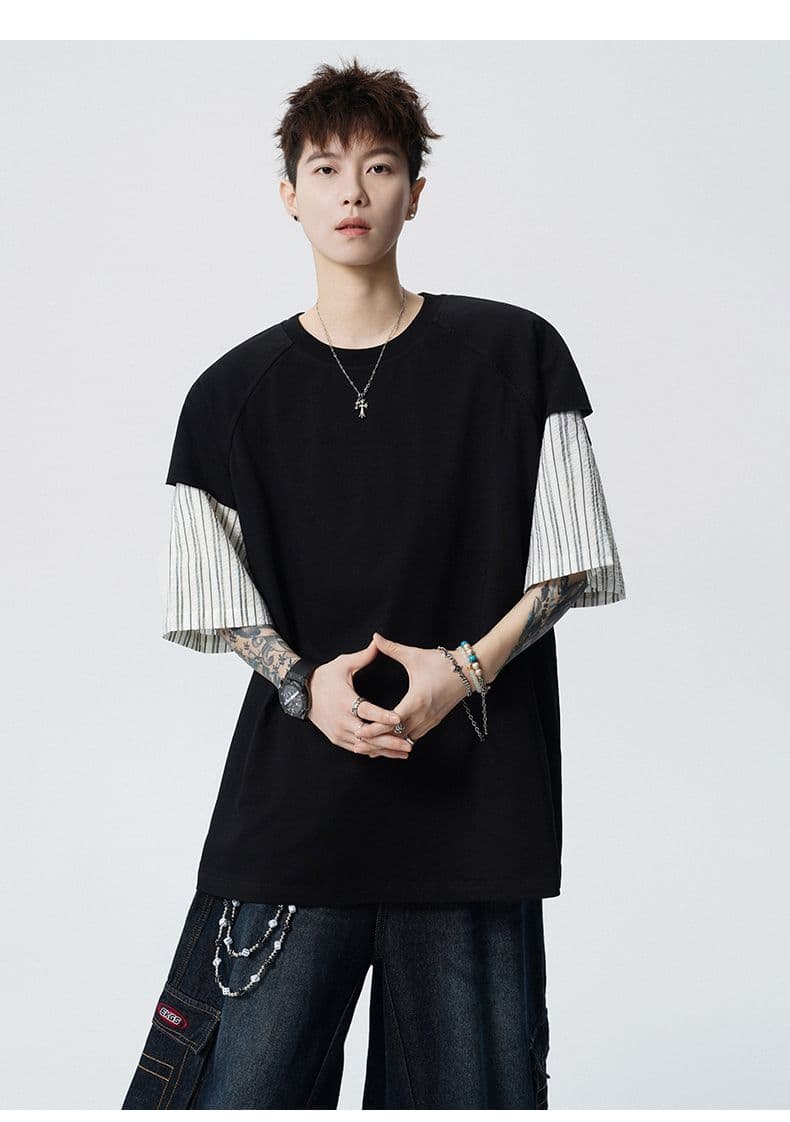실사 여름 새로운 조수 브랜드 페이크 레이어드 반팔 티셔츠 남자 레트로 패치워크 다용도 루즈핏 트렌드 반팔 티셔츠 상세 이미지 16