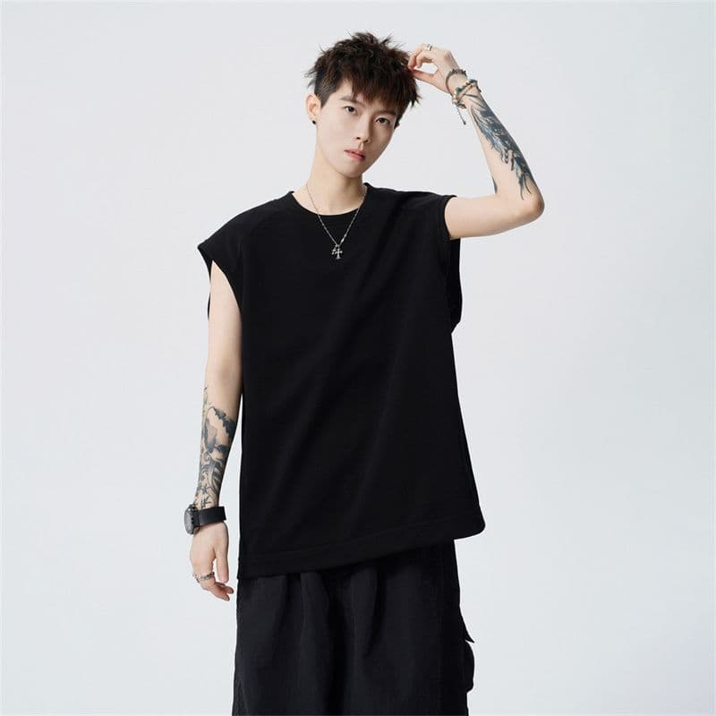 실사 2026 여름 민소매 티셔츠 남자 조끼 운동 루즈핏 단색 남자 바 면 명중 선 작은 대중 디자이너 섹션 t
