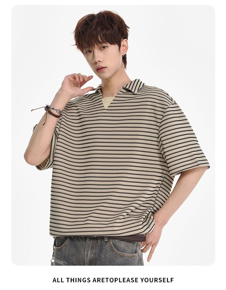 실사 2026 여름 새로운 페이크 레이어드 캐주얼 스트라이프 폴로 칼라 맨위 남자 루즈핏 미니멀리즘 패션 반팔 티셔츠 상세 이미지 23