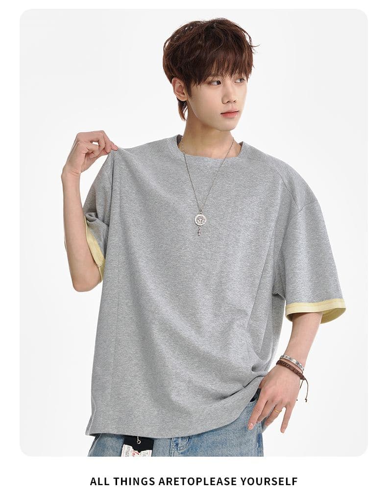 실사 2026 여름 새로운 배색 페이크 레이어드 반팔 티셔츠 남자 다용도 미니멀리즘 루즈핏 시간 아직도 느낌 티셔츠 상세 이미지 16