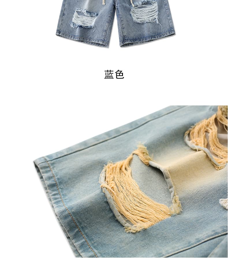 실사 여름 새로운 조수 브랜드 찢어진 부분 데님 반바지 남자 루즈핏 아메리칸 레트로 캐주얼 5 점 바지 상세 이미지 4