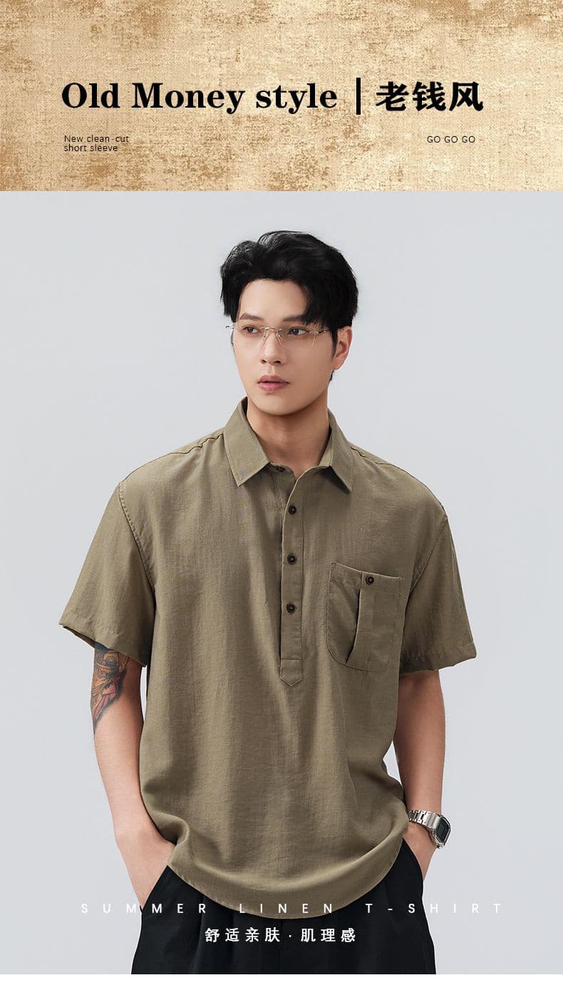 실사 여름 새로운 아마 반팔 오래된 돈 바람 악당 잘 생긴 캐주얼 주머니 폴로 칼라 POLO 셔츠 남자 루즈핏 티셔츠 상세 이미지 1