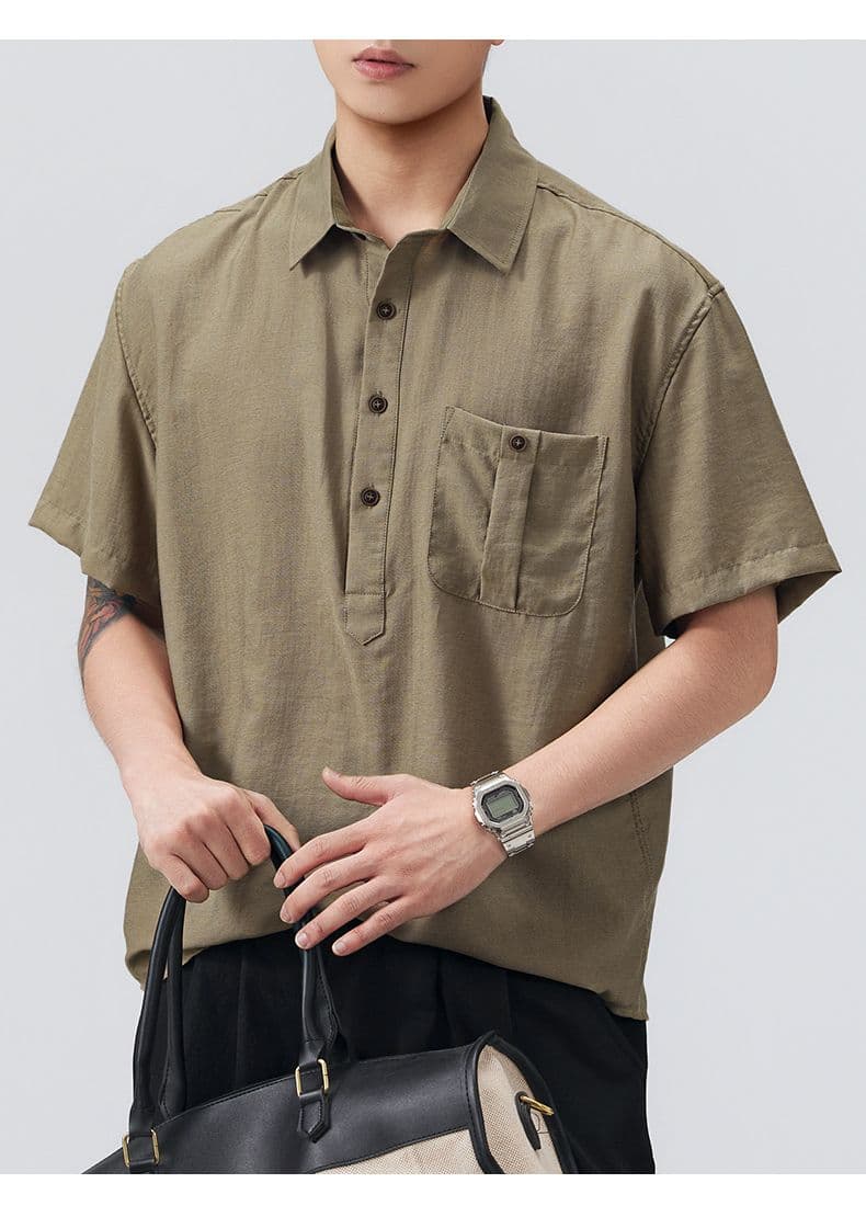 실사 여름 새로운 아마 반팔 오래된 돈 바람 악당 잘 생긴 캐주얼 주머니 폴로 칼라 POLO 셔츠 남자 루즈핏 티셔츠 상세 이미지 10
