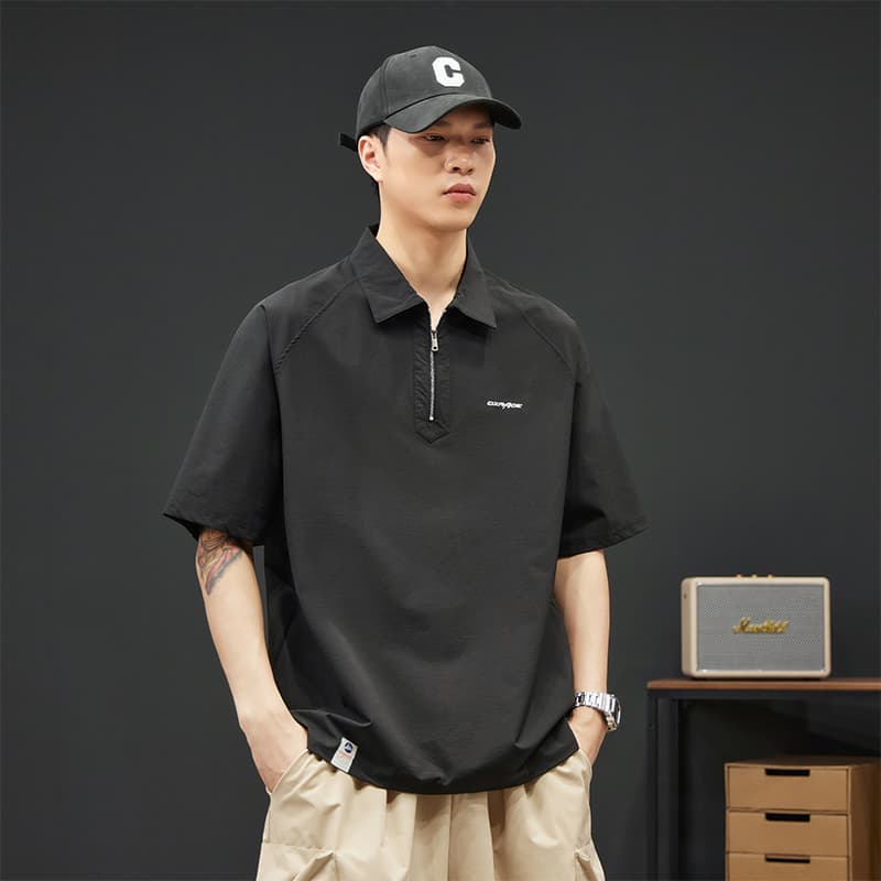 실사 여름 새로운 하프 지퍼 POLO 셔츠 남자 신축성 등산 천 편안함 다용도 루즈핏 폴로 칼라 티셔츠