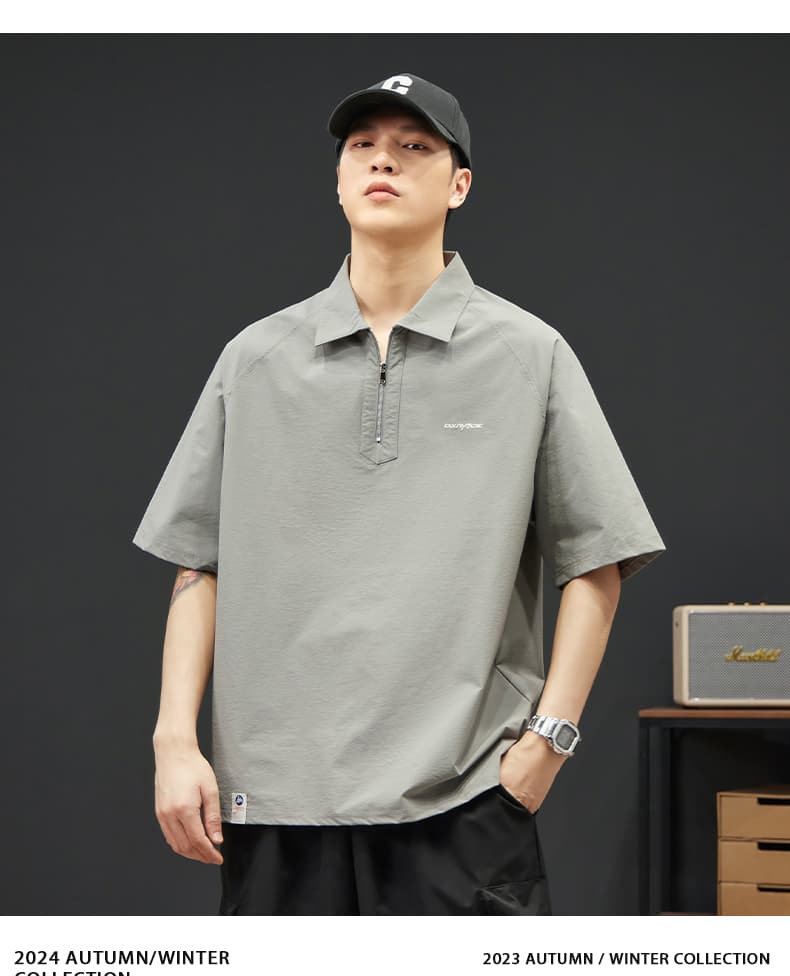 실사 여름 새로운 하프 지퍼 POLO 셔츠 남자 신축성 등산 천 편안함 다용도 루즈핏 폴로 칼라 티셔츠 상세 이미지 7