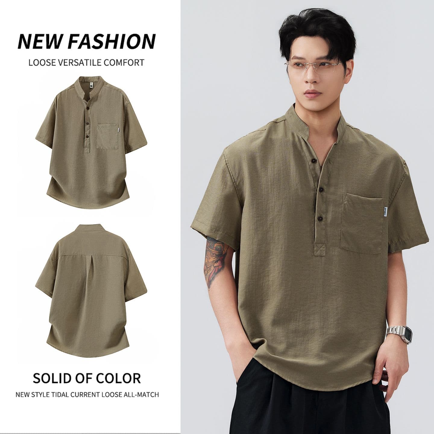 실사 여름 새로운 스탠드 칼라 아마 오래된 돈 바람 반팔 POLO 셔츠 하프 단추 디자인 주머니 루즈핏 티셔츠 이미지 2