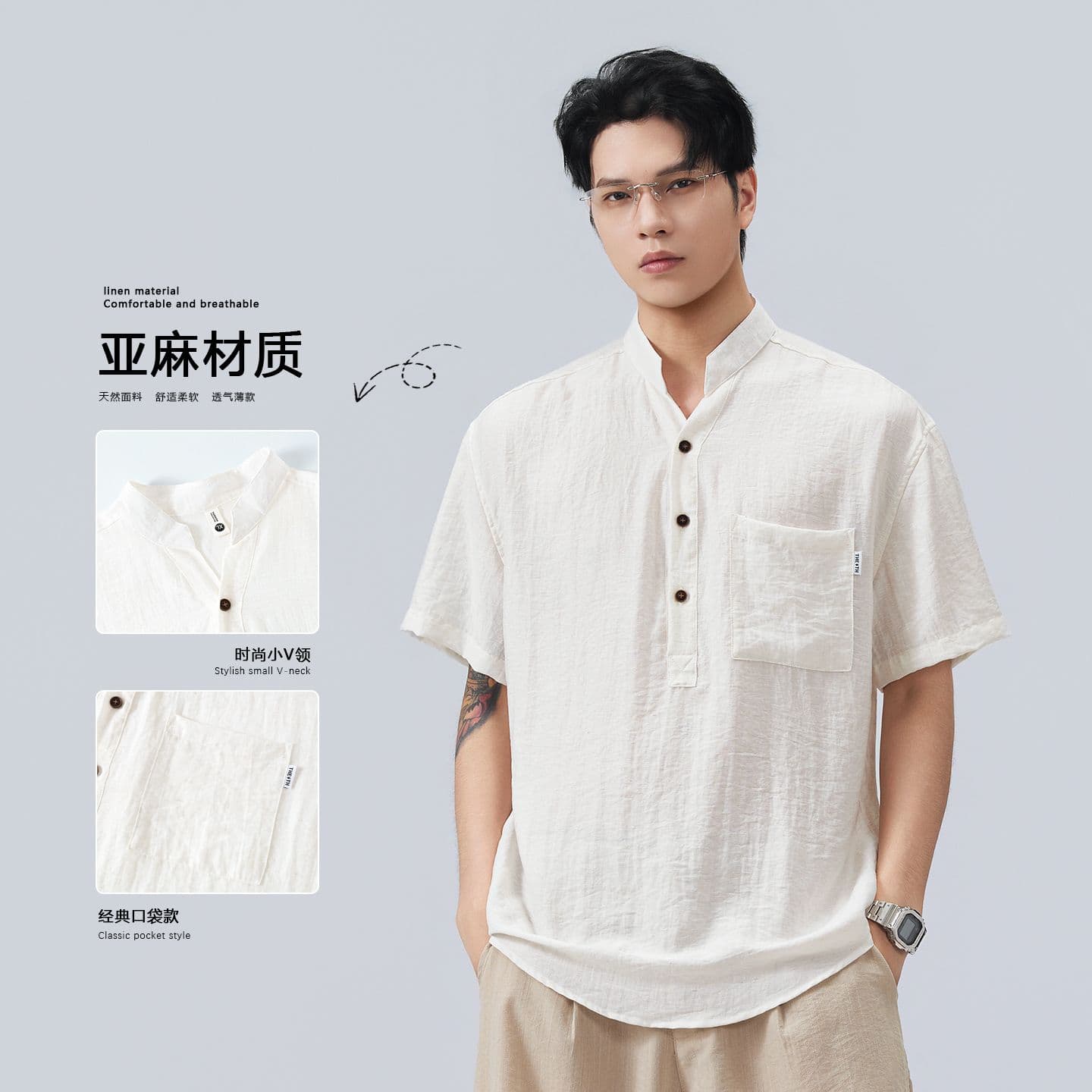 실사 여름 새로운 스탠드 칼라 아마 오래된 돈 바람 반팔 POLO 셔츠 하프 단추 디자인 주머니 루즈핏 티셔츠 이미지 3