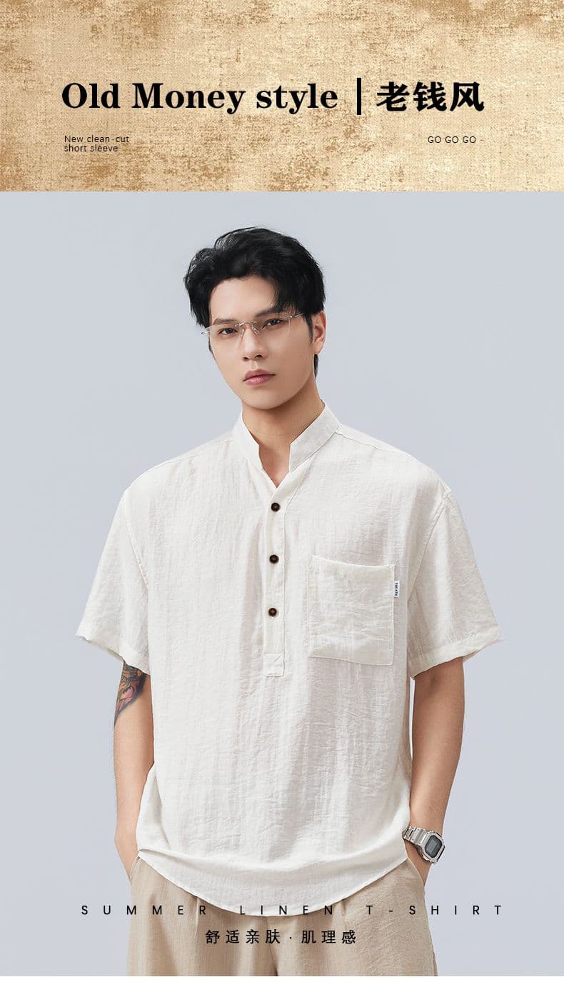 실사 여름 새로운 스탠드 칼라 아마 오래된 돈 바람 반팔 POLO 셔츠 하프 단추 디자인 주머니 루즈핏 티셔츠 상세 이미지 1