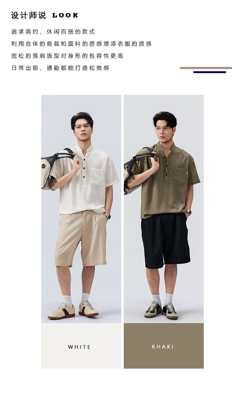 실사 여름 새로운 스탠드 칼라 아마 오래된 돈 바람 반팔 POLO 셔츠 하프 단추 디자인 주머니 루즈핏 티셔츠 상세 이미지 2