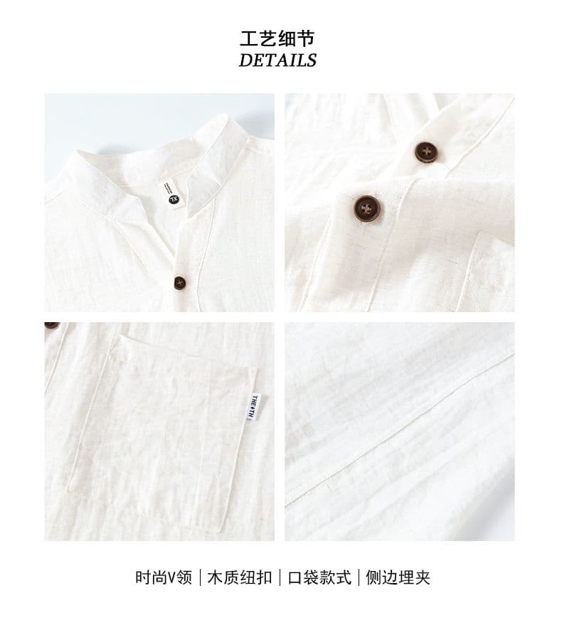 실사 여름 새로운 스탠드 칼라 아마 오래된 돈 바람 반팔 POLO 셔츠 하프 단추 디자인 주머니 루즈핏 티셔츠 상세 이미지 7