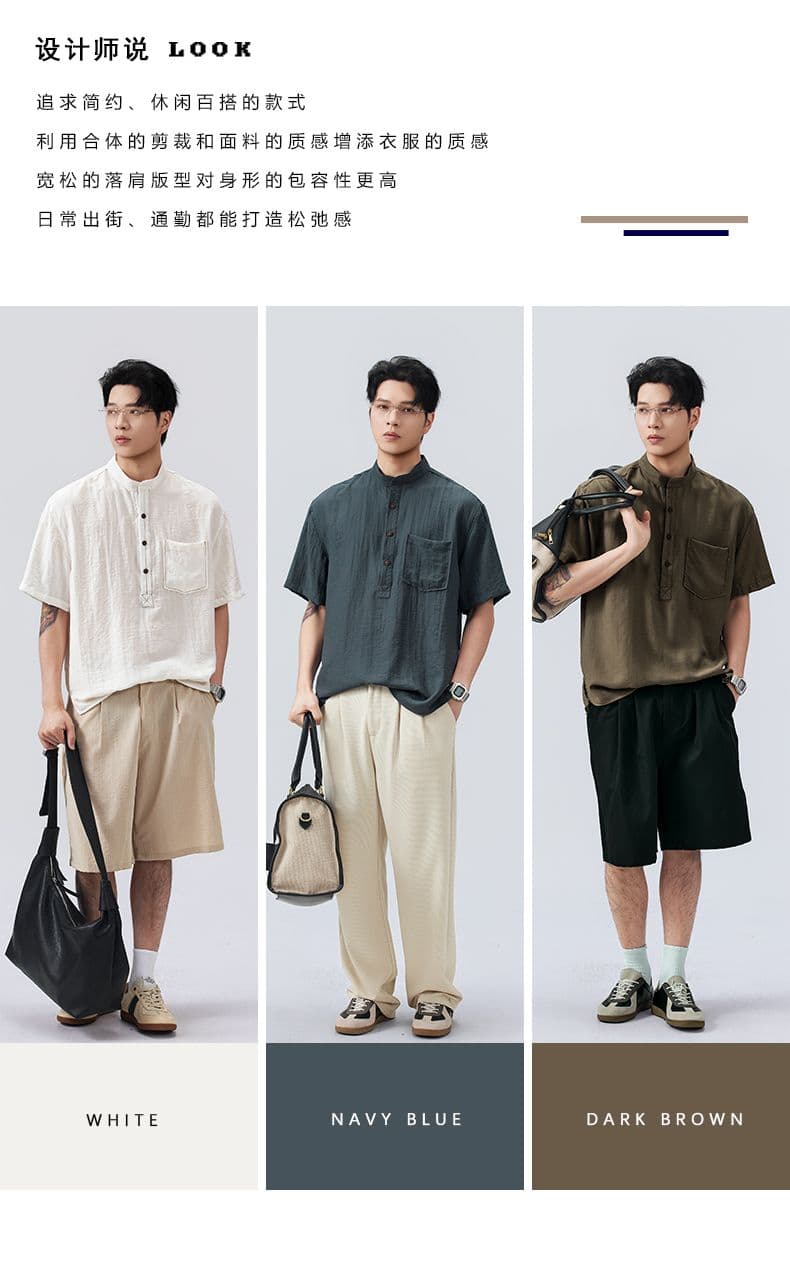 실사 악당 잘 생긴 오래된 돈 바람 여름 아마 얇은 스타일 헨리 칼라 반팔 POLO 셔츠 남자 맨위 편안함 캐주얼 티셔츠 상세 이미지 2
