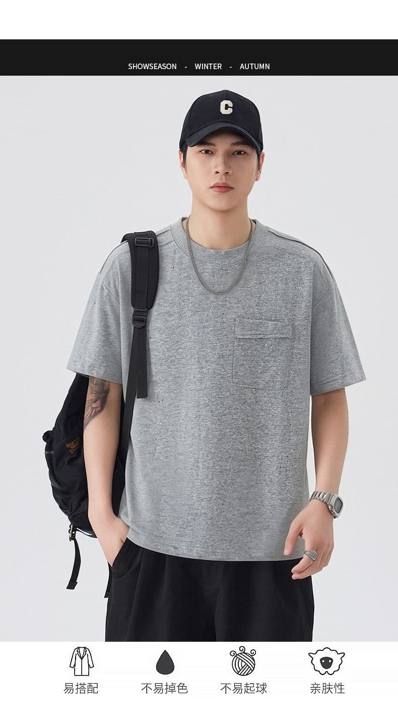 실사 여름 새로운 특별 찢어진 부분 라이 경기 서울 원단 주머니 구조 설계 아메리칸 조수 브랜드 반팔 티셔츠 남자 상세 이미지 1