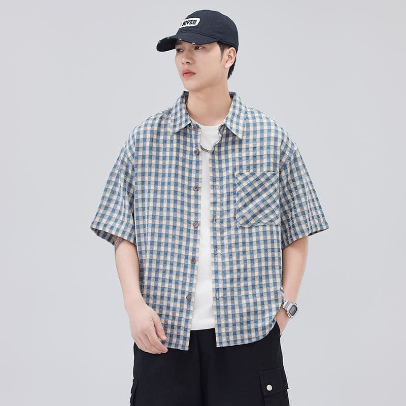 실사 여름 새로운 체크무늬 반팔 셔츠 남자 루즈핏 다용도 한국 스타일 미니멀리즘 막대기 가방 디자인 셔츠