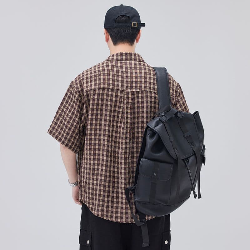 실사 여름 새로운 체크무늬 반팔 셔츠 남자 루즈핏 다용도 한국 스타일 미니멀리즘 막대기 가방 디자인 셔츠 이미지 4