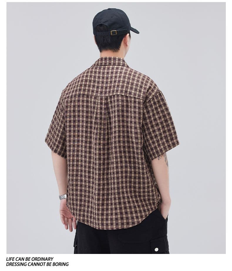 실사 여름 새로운 체크무늬 반팔 셔츠 남자 루즈핏 다용도 한국 스타일 미니멀리즘 막대기 가방 디자인 셔츠 상세 이미지 16