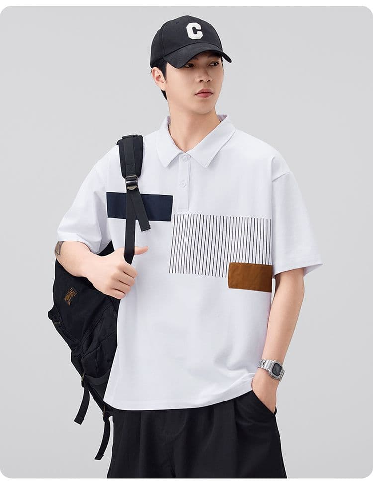 실사 여름 새로운 패치워크 배색 POLO 셔츠 남자 신축성 순면 편안함 다용도 루즈핏 폴로 칼라 티셔츠 상세 이미지 12