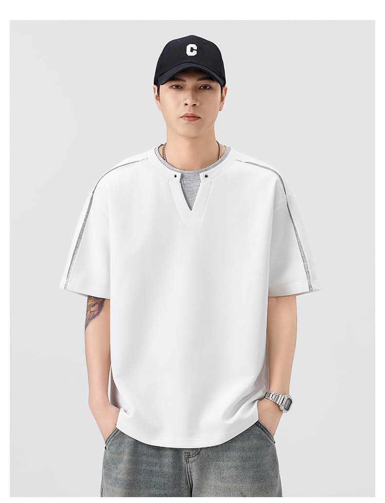 실사 여름 새로운 트렌드 페이크 레이어드 반팔 티셔츠 남자 루즈핏 다용도 V넥 디자인 신축성 편안함 티셔츠 상세 이미지 10