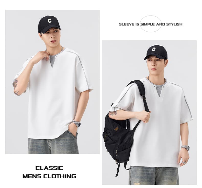 실사 여름 새로운 트렌드 페이크 레이어드 반팔 티셔츠 남자 루즈핏 다용도 V넥 디자인 신축성 편안함 티셔츠 상세 이미지 11