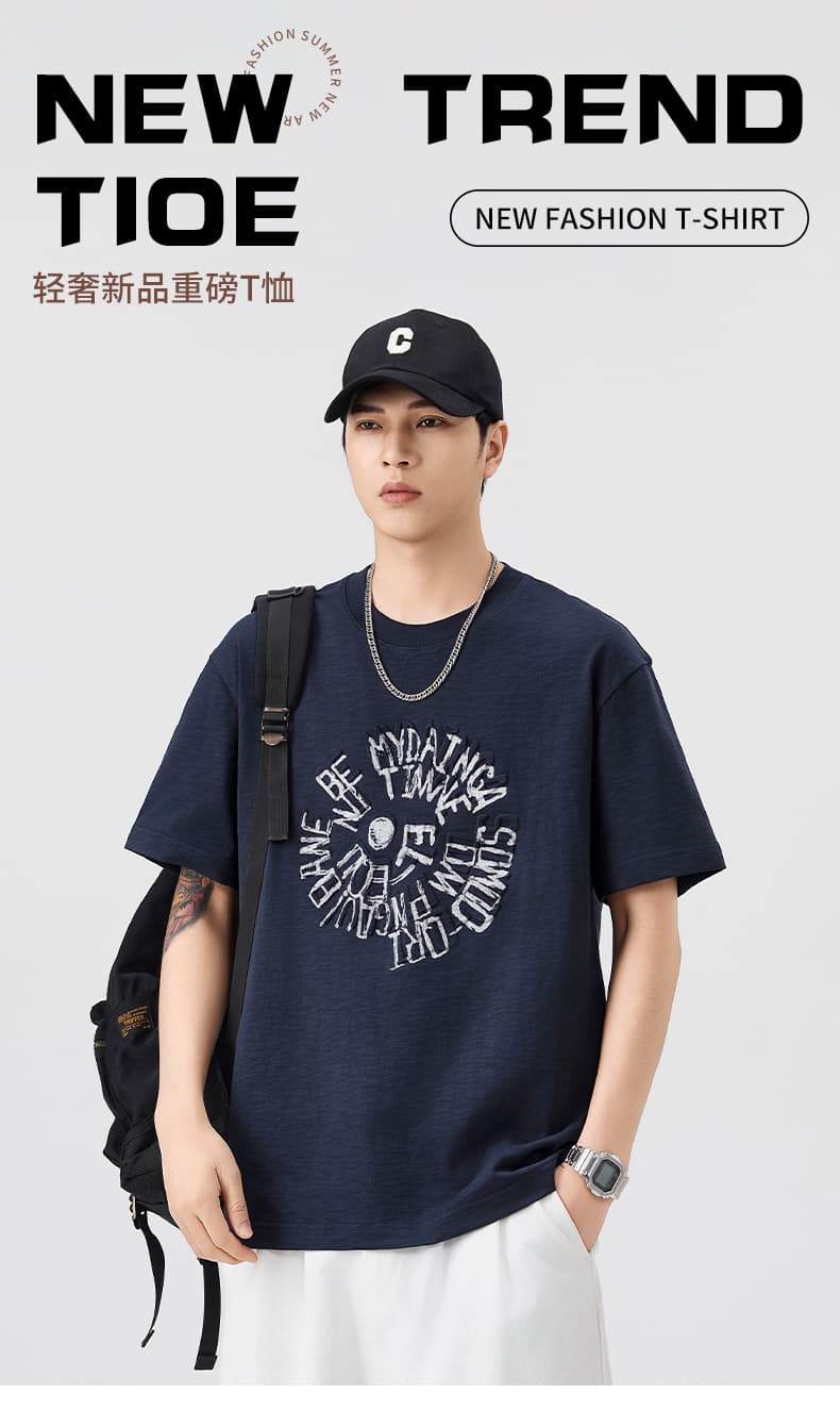 실사 여름 새로운 트렌드 대나무 마디 면 라운드 넥 반팔 티셔츠 남자 루즈핏 다용도 편안함 맨위 상세 이미지 1